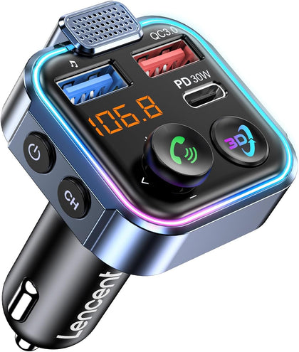 Bluetooth 5.3 FM Transmitter, Wireless Radio Adapter Car Kit | Type-C PD 30W+ QC3.0 Fast USB Charger, Hands-Free