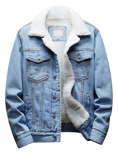 Men's Lapel Sherpa Fleece Lined Thicken Denim Jean Trucker Jacket Coats (0176-Light Blue-L)