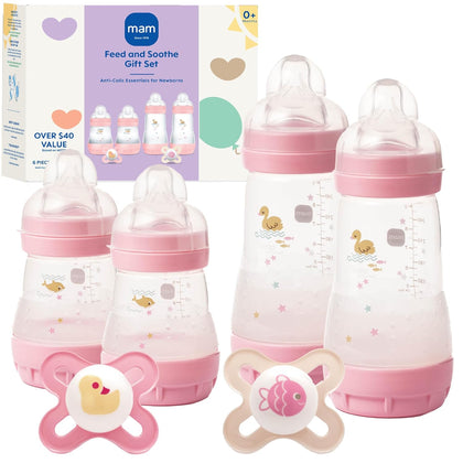 Easy Start Anti-Colic Baby Bottle Starter Set – 4 Self Sterilizing Bottles (5oz & 9oz) + 2 Newborn Pacifiers