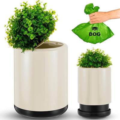 Dog Poop Trash Can 13L Plant Styled Outdoor with Lid, White