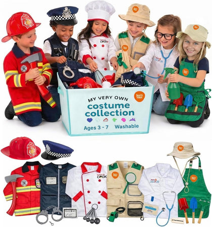 6-in-1 Toddler Dress Up Clothes for Boys & Girls Ages 3-7, Police, Firefighter, Doctor, Chef, Gardener & Explorer