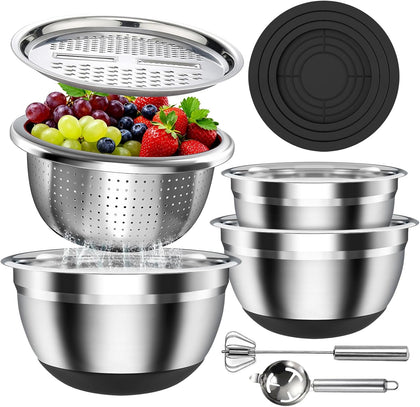 Stainless Steel Mixing Bowls Set with Lids & Silicone Base - 7-Piece Kitchen Gadgets Includes Colander, Grater, Egg