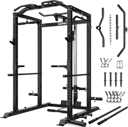 C1-V4 Power Cage, 2000LBS Squat Rack with LAT Pulldown, Multi-Function Weight Cage Strength Training Machine, Workout