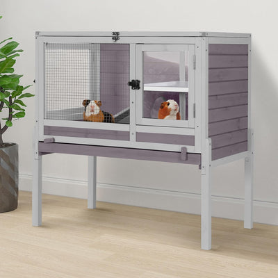 2-Story Indoor Rabbit Hutch Guinea Pig Cage with Stand, Wooden Bunny Cage Small Animal Cages with Chew-Proof Ramp