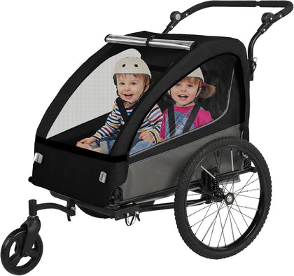 2-in-1 Kids Bike Trailer and Stroller with Suspension – Bike Trailer for 1 to 2 Children, Jogging Function, Foldable
