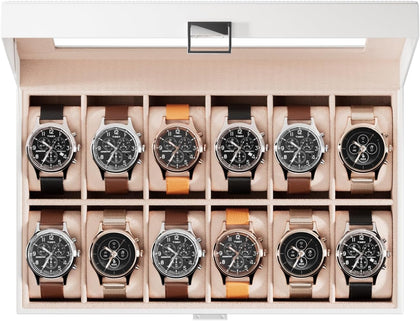 Watch Box Organizer, 12 Slot Watch Display Case, White | Watches Storage Boxes Holder for Men Women, Large Glass Lid