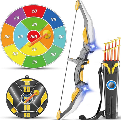 Kids Bow and Arrow Set LED Light Up Archery Set with 10 Suction Cup Arrows, 2 Archery Targets Indoor Outdoor Games