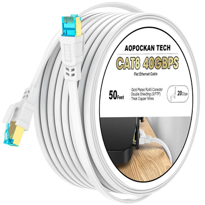 Cat 8 Ethernet Cable 50 ft, Shielded Flat RJ45 Network LAN Cable | Supports 40Gbps 2000MHz, UV Resistant