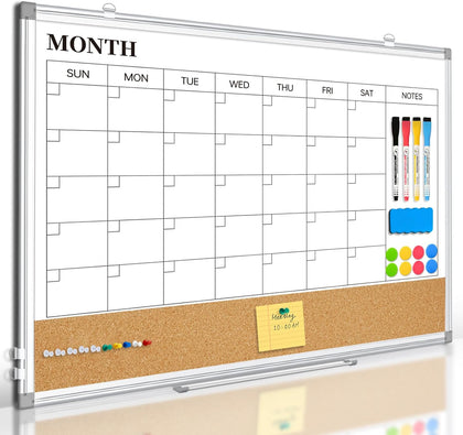 Large Dry Erase Calendar for Wall, 36"x24" Double-Sided Magnetic Whiteboard Calendar with Cork Board, Aluminum Frame