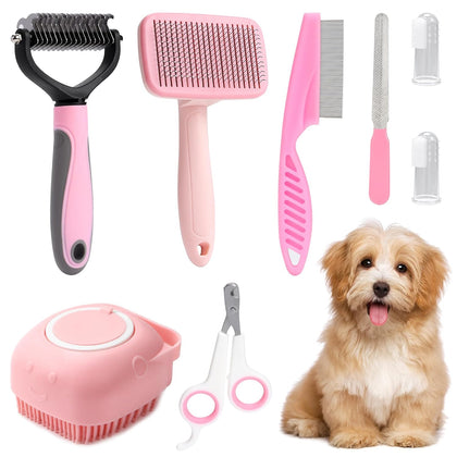 8 Pcs Dog Grooming Kit with Self Cleaning Tools: Nail Clipper, Flea Comb, Shampoo Brush, Shedding Brush, Dematting