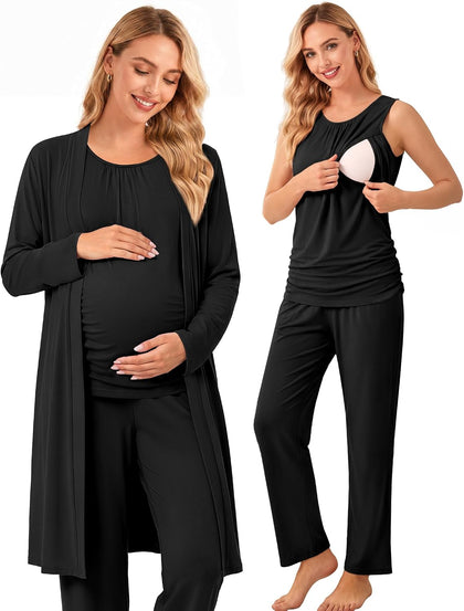 Women 3PCS Maternity Robe Sets Nursing Pajamas Postpartum Breastfeeding Pjs