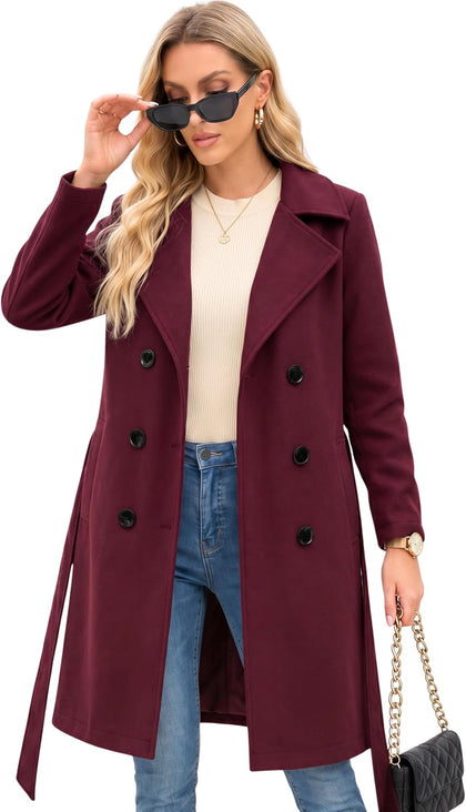 Trench Coat for Women - Double-Breasted Long Winter Faux Wool