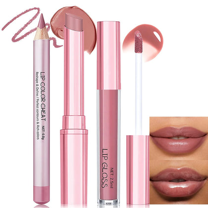 Nude Pink Lip Kit - Matte Lipstick Cream Lip Liner and Gloss Set High Pigment Plumping Lip Pencil Moisturizing