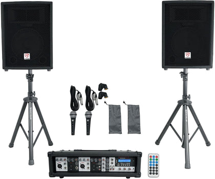 Pro Audio Bundle: RPG2X10 800w Passive DJ PA Speakers, (2) Stands, (2) Mics, 1800-Watt Powered 4-Channel