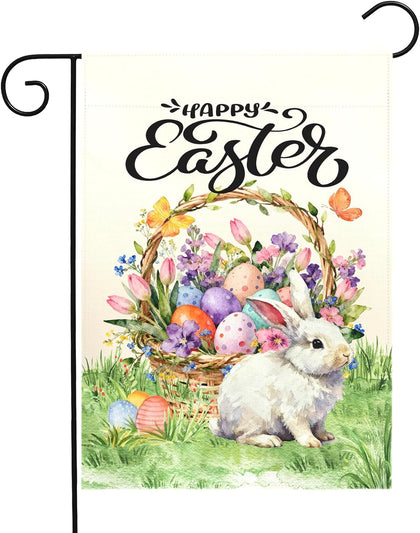 Happy Easter Garden Flag with Bunny Basket Spring Tulips Wildflowers Eggs Cute Rabbit Yard Flags Double Sided Welcome