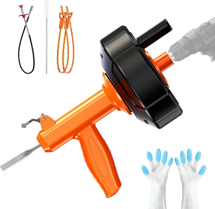 Drain Snake, Auto Feed Plumbing Snake with Drill Adaptor, 25 Feet Drain Auger Tool Set Included Drain Clog Remover