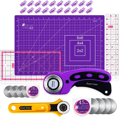 Rotary Cutter Set,Nicecho Sewing Quilting Supplies,45mm & 28 mm Fabric Cutters,8 Rotary Cutter Blades,A3 Cutting Mat