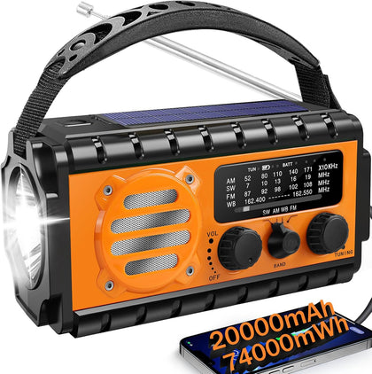Solar Hand Crank Emergency Radio, 20000mAh AM FM NOAA Weather Radio | Clear radio reception, built‑in LED flashlight