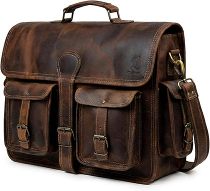 Leather Briefcase Work Bag for Men Women Dark Brown Crossbody Genuine Leather Satchel Office Bag for Men Women 18
