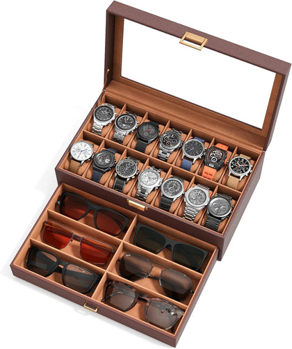 Watch Case Box for Men – 14 Slots Watch Display Organizer with 6-Compartment Eyeglasses Storage, Real Glass Lid