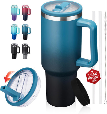 40 oz Leak-Proof Travel Tumbler with Handle & Flip Straw - Insulated Stainless Steel Mug Keeps Drinks Cold 34 Hours &