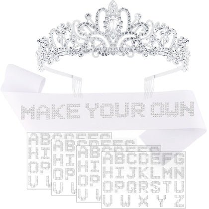 White Custom Sash Personized, Silver Tiara Crown with Blank Satin Sash & 4 Sheets Rhinestone Letters for Women Girls