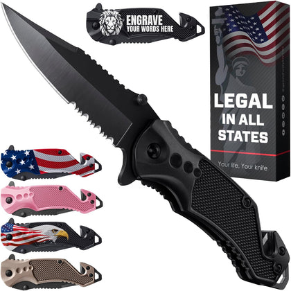 Legal Pocket Knife with 2.95” Serrated Blade, Glass Breaker, Seat Belt Cutter - EDC Sharp Folding Knives with