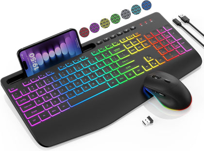Wireless Keyboard and Mouse Combo - 9 Backlit Effects, 2.4GHz | Ergo Wrist Rest, Phone Holder, Full Size