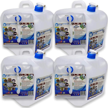 Collapsible Water Container with Spigot (5.3 Gal (4-Pack)) | BPA-Free Camping Water Storage Carrier Jug for Outdoors