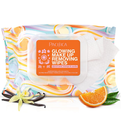 Glowing Makeup Remover Wipes - with Glycolic Acid for AHA Exfoliating and Facial Cleansing - No Rinse Face Cleaning