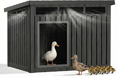 Chicken Coop, Resin PP Material Outdoor Duck House, Wood Grain Finish Sloped Roof Poultry Shelter, Gas Strut Top