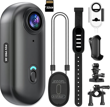 4K Mini WiFi Action Camera 32GB Thumb POV Portable Body Cam Wearable Video Recorder with IPX7 Waterproof Underwater
