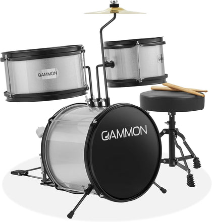 Gammon 3-Piece Kids Drum Set with Throne - Silver, Junior Beginner Kit with Bass Drum, Toms, Cymbal, Pedal, and