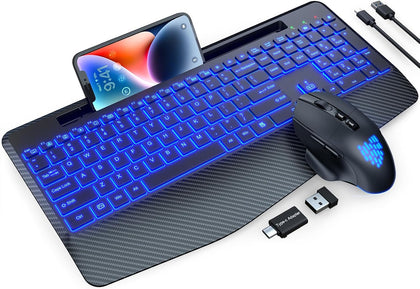 Wireless Keyboard and Mouse Combo, Backlit Scissor Keys, Wrist Rest | 7-Color Backlight, Phone Holder, Rechargeable