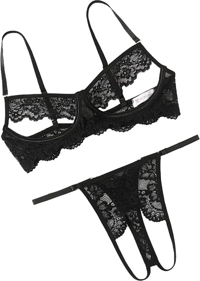 Sexy Floral Lace Cutout Lingerie Set for Women Bra Panty 2 Piece