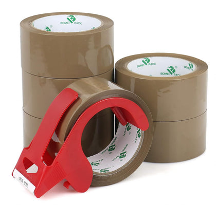 Brown Packing Tape with Dispenser, 2.4 Mil 1.88 Inch x 60 Yards, 6 Refills Rolls Packaging Tape for Moving, Shipping