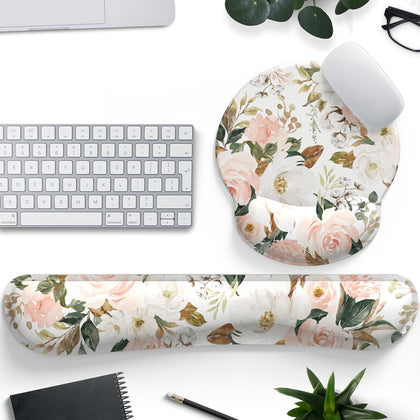 Pink Flower Desktop Mat Aesthetic Wrist Support Keyboard Mouse Wrist Rest Set, Computer Office Comfortable Wrist Rest