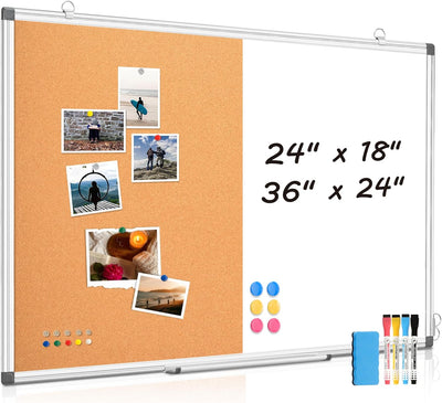 Combination Magnetic Whiteboard & Corkboard, 24"x18" Combo for School, Office & Home, Dry Erase Board with Removable