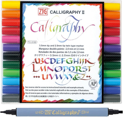 ZIG Calligraphy Marker Pens, 12 Colors set, 2mm & 3.5mm Dual Tip Markers, for Writing & Hand Lettering, for
