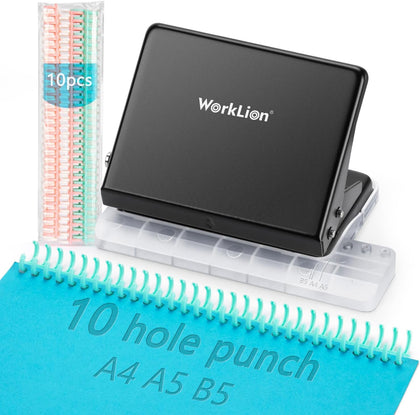 Binding Machine for Planner: WORKLION Metal 10 Hole Punch&Multi Color 30 Hole Loose Leaf Binder Rings(10 pcs) for
