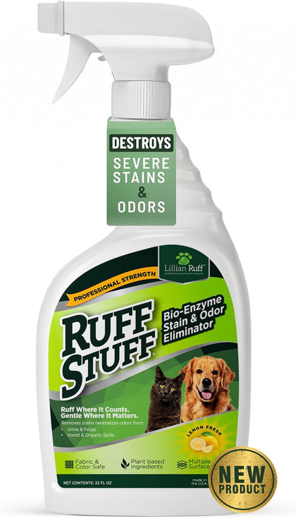 RUFF STUFF Max-Strength Bioenzyme Cleaner, Pet Stain & Odor Eliminator, Laundry Stain Remover Spray for Clothes, Dog