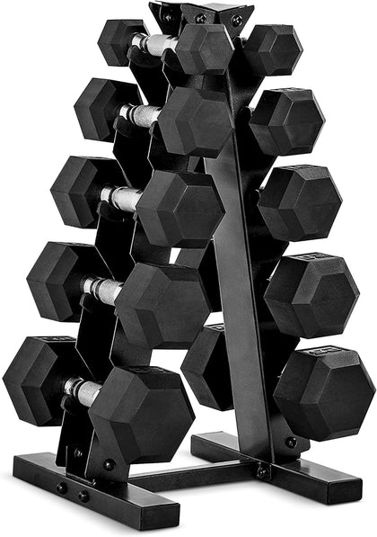 Rubber Coated Hex Dumbbell Set with Storage Rack | 100–210 lb Options, Space-Saving Vertical Compact Storage for Home