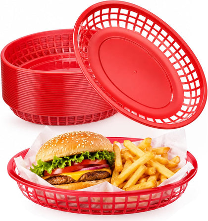24 Pack Large Oval Serving Plastic Fast Food Baskets, Red