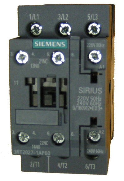 Siemens 3RT2027-1AP60 32 AMP, 3 Pole contactor with a 240 Volt AC Coil and 1 N.O./1 N.C. Base Contact
