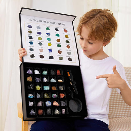 Rock Collection for Kids - 30Pcs Rocks, Gemstones & Crystals Kit | with learning Guide, Mineral Education Set