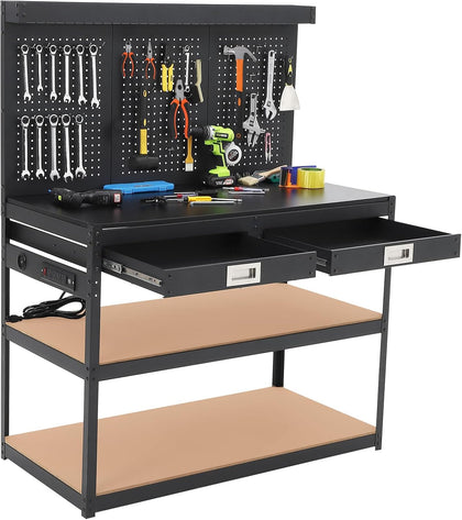 48" Heavy Duty Steel Garage Workbench with Pegboard & Storage, 2 Storage Shelves & 2 Drawers, 1000 LBS Load Capacity