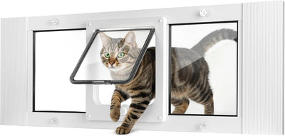 Cat Door for Window, 10-Min No-Cut Installation, Adjustable Width of 27"-32", Upgraded 4-Mode Knob Lock, Weatherproof