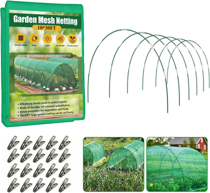 Garden Mesh Netting Kit for Raised Beds, 10x30FT Green Garden Netting &6 Sets Fiberglass Garden Hoops, Row Cover