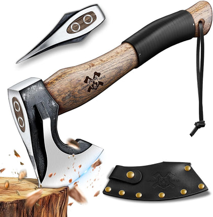 13" Camping Hatchet, Survival Axe with Sheath, High Carbon Steel and Wood Handle, Anti-Slip Grip – Ideal for