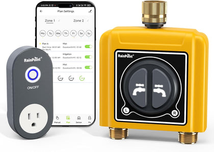 WiFi Water Timer with Brass Inlet & Outlet,2 Zone WiFi Hose Timer for Lawn,WiFi Sprinkler Controller via APP/Voice